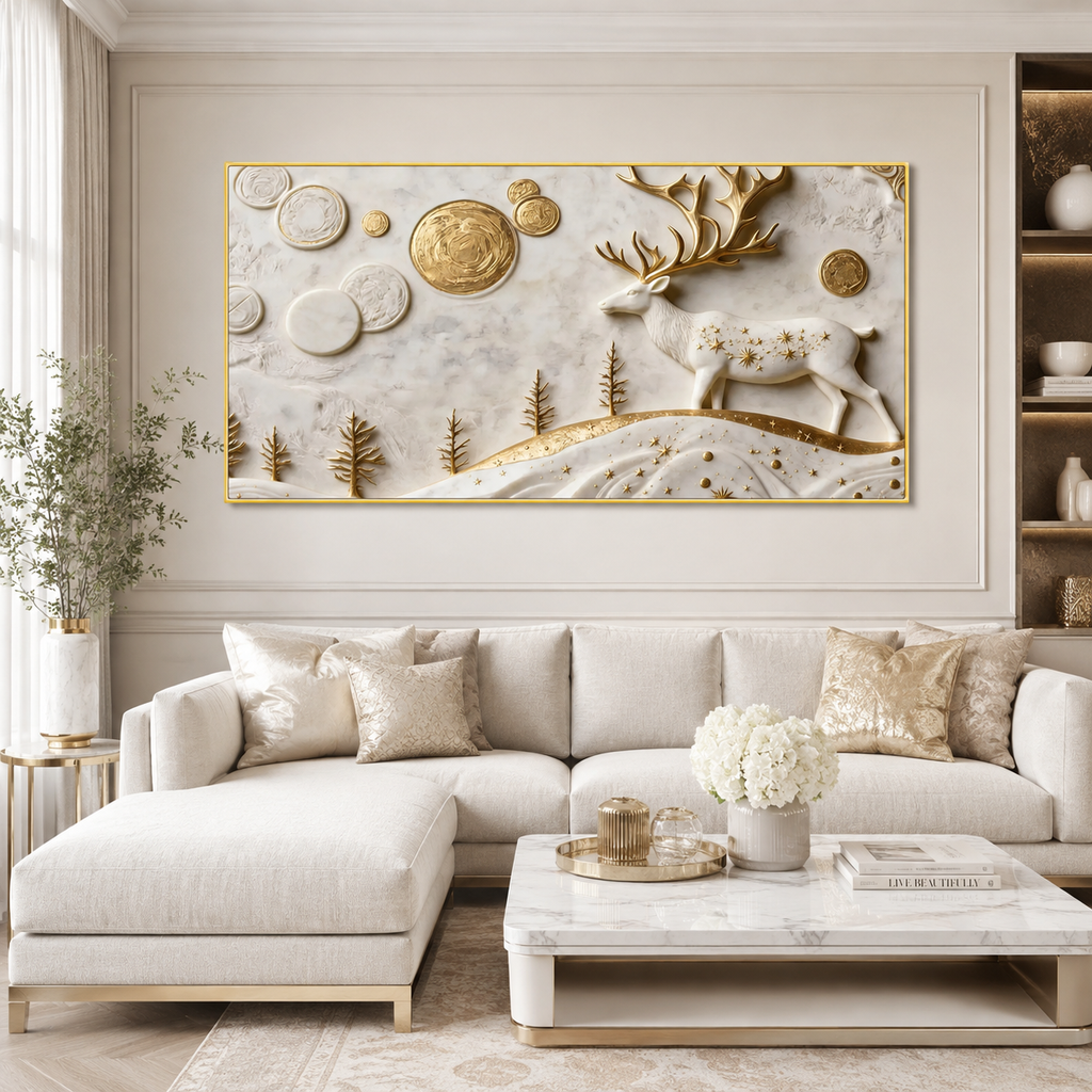 Traditional 3D Embossed Golden Stag and Landscape Painting High End Marble Effect Canvas Wall Painting