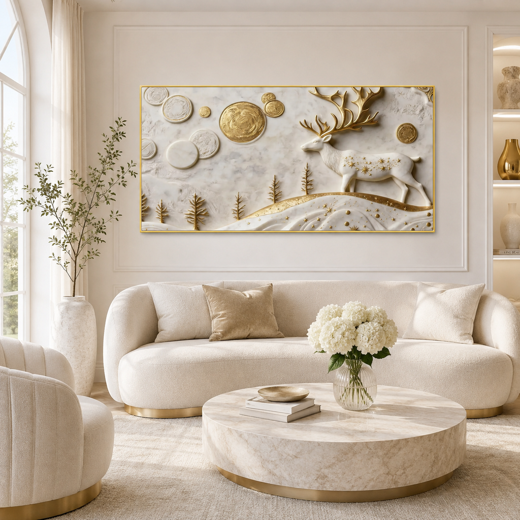Traditional 3D Embossed Golden Stag and Landscape Painting High End Marble Effect Canvas Wall Painting