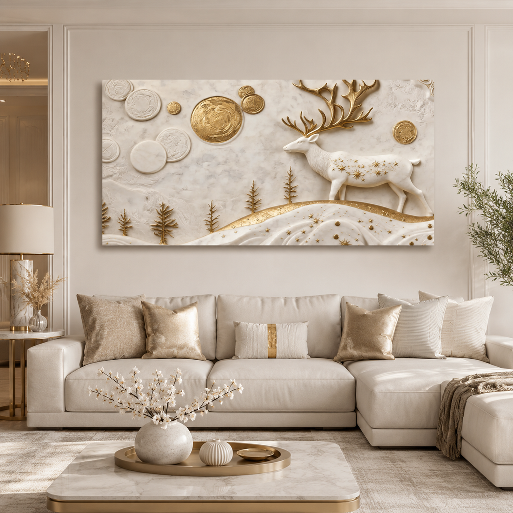 Traditional 3D Embossed Golden Stag and Landscape Painting High End Marble Effect Canvas Wall Painting