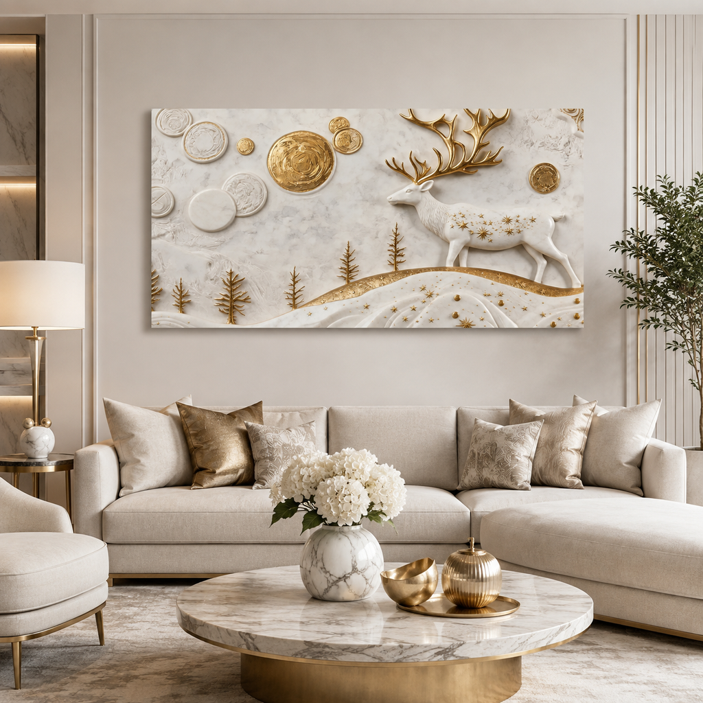 Traditional 3D Embossed Golden Stag and Landscape Painting High End Marble Effect Canvas Wall Painting
