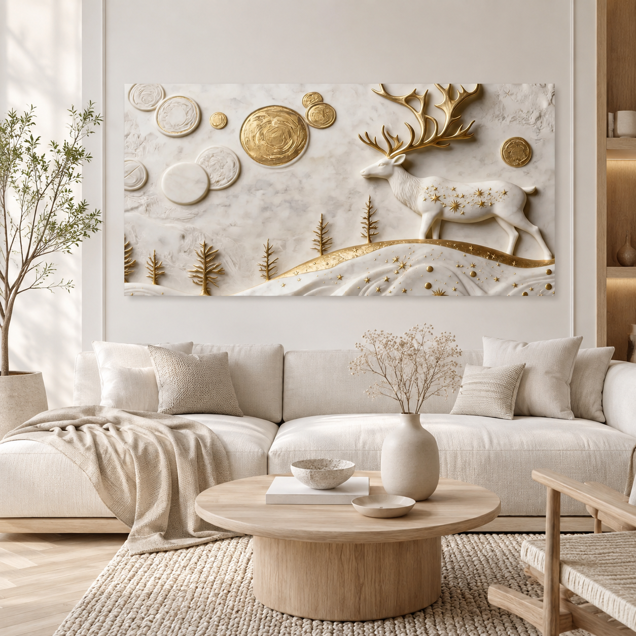 Traditional 3D Embossed Golden Stag and Landscape Painting High End Marble Effect Canvas Wall Painting