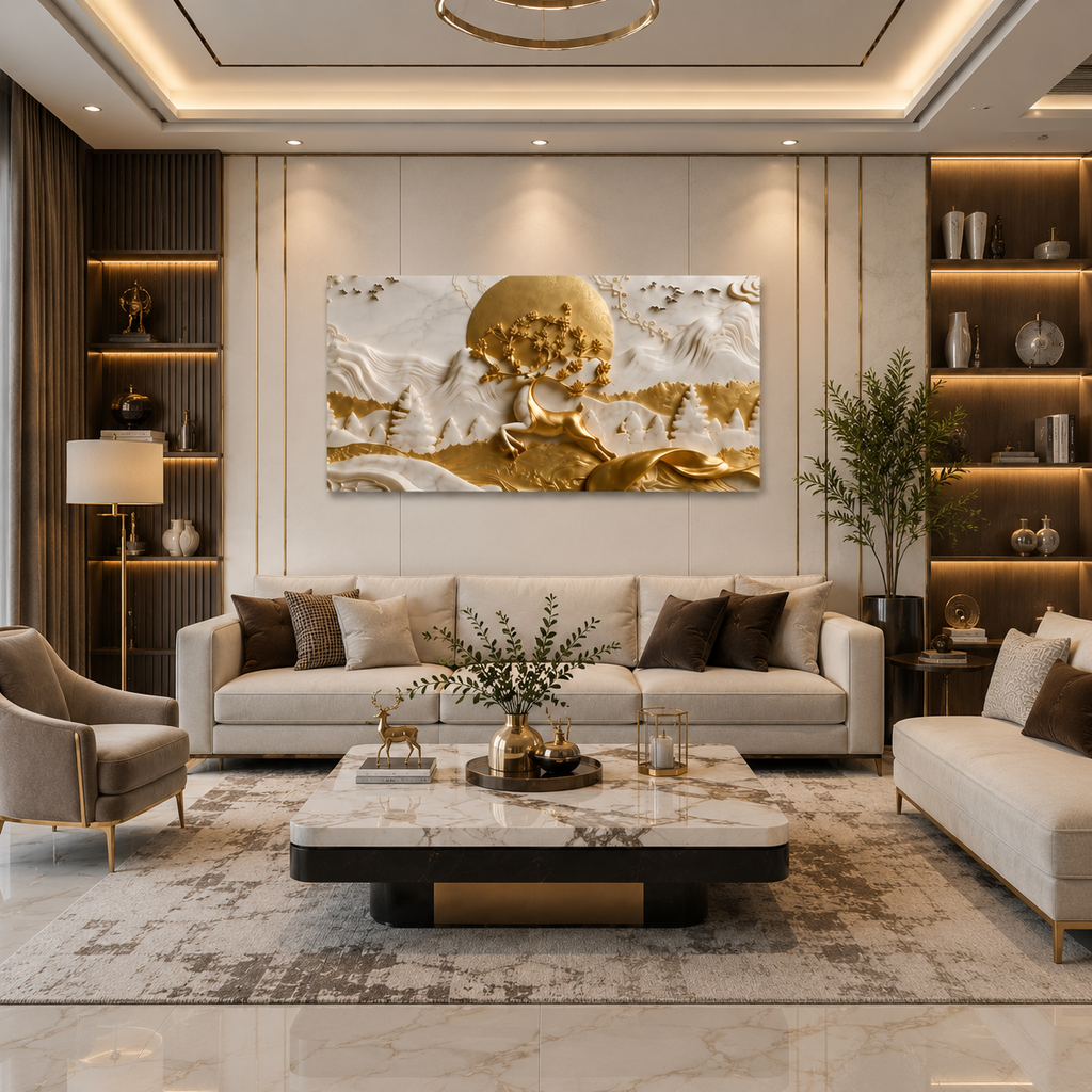 Nature Style 3D Relief Wall Painting Golden Stag and Mountain Landscape Artwork