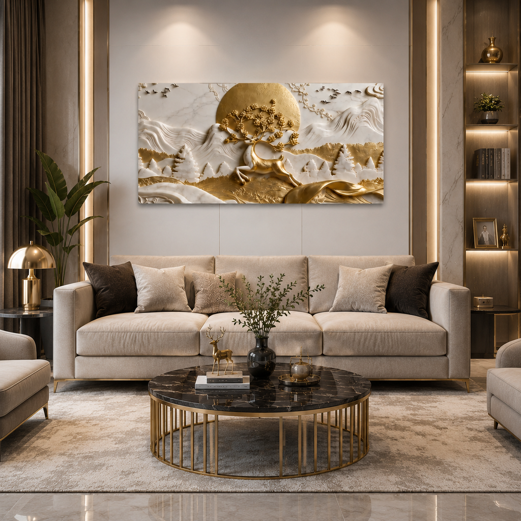 Nature Style 3D Relief Wall Painting Golden Stag and Mountain Landscape Artwork