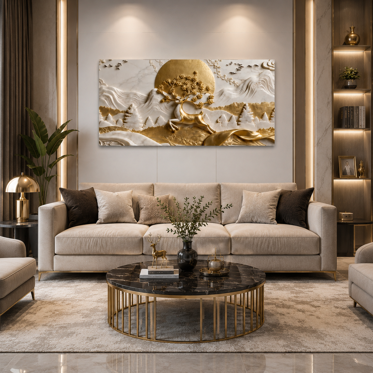 Nature Style 3D Relief Wall Painting Golden Stag and Mountain Landscape Artwork