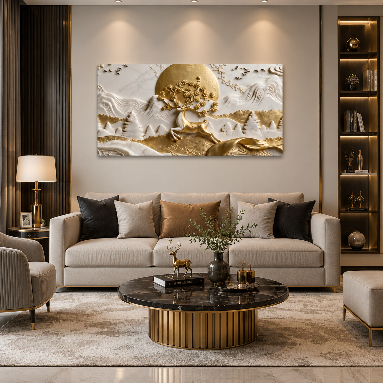 Nature Style 3D Relief Wall Painting Golden Stag and Mountain Landscape Artwork