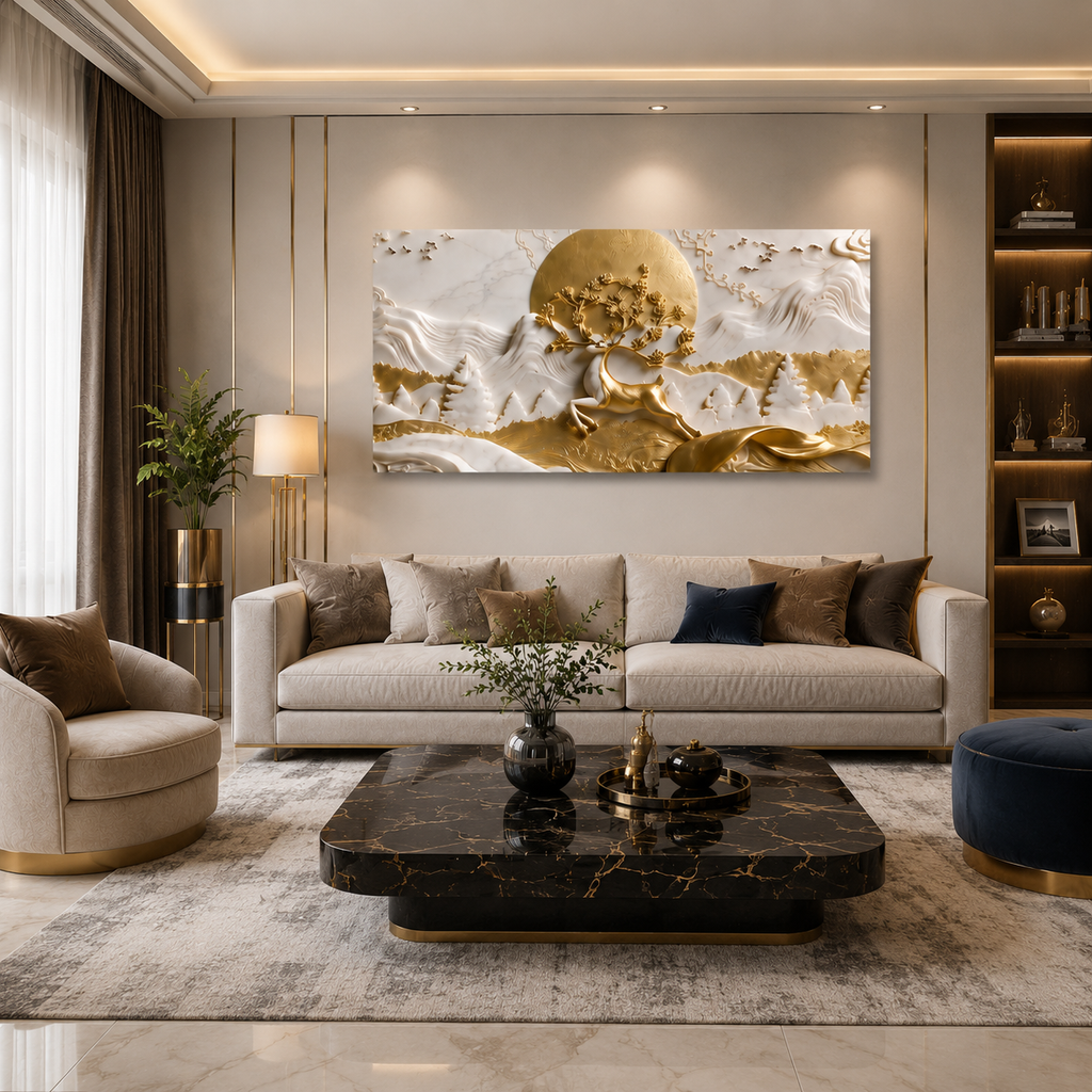 Nature Style 3D Relief Wall Painting Golden Stag and Mountain Landscape Artwork
