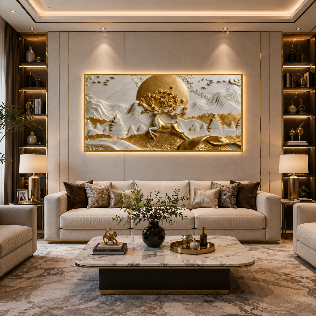 Nature Style 3D Relief Wall Painting Golden Stag and Mountain Landscape Artwork