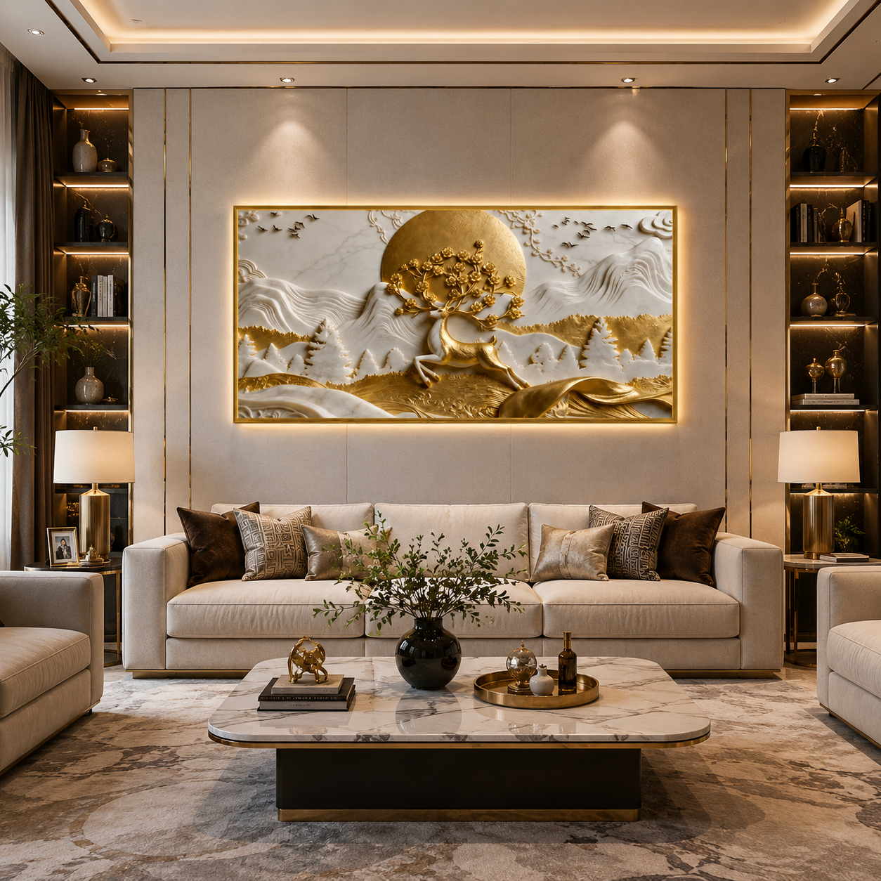 Nature Style 3D Relief Wall Painting Golden Stag and Mountain Landscape Artwork