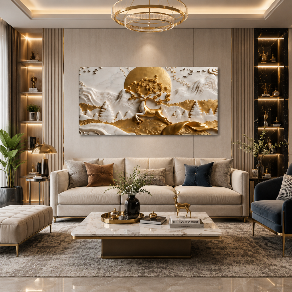 Nature Style 3D Relief Wall Painting Golden Stag and Mountain Landscape Artwork