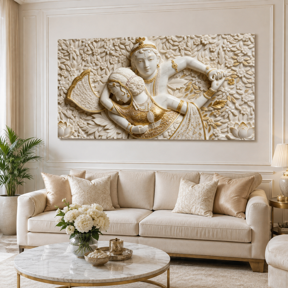 Auspicious 3D Romantic Radha Krishna Canvas Painting for Living Room Decor