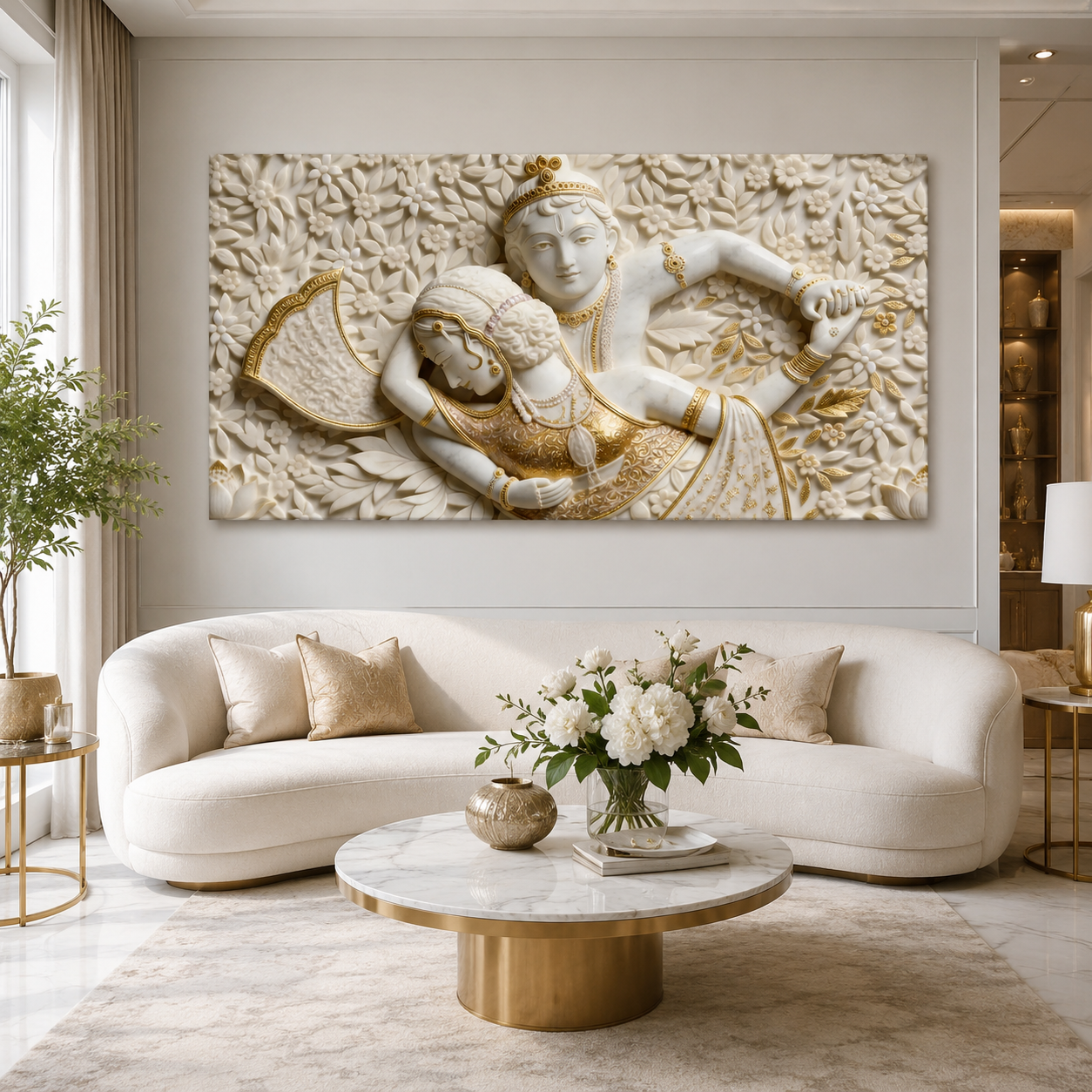 Auspicious 3D Romantic Radha Krishna Canvas Painting for Living Room Decor