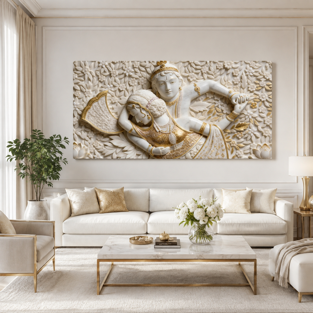 Auspicious 3D Romantic Radha Krishna Canvas Painting for Living Room Decor