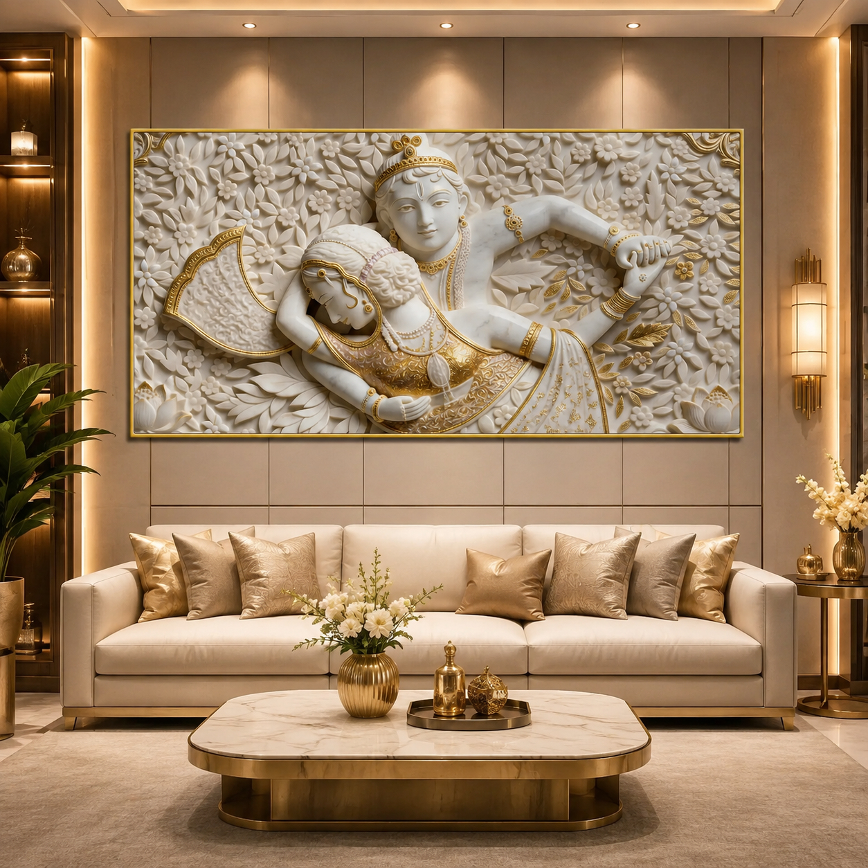 Auspicious 3D Romantic Radha Krishna Canvas Painting for Living Room Decor