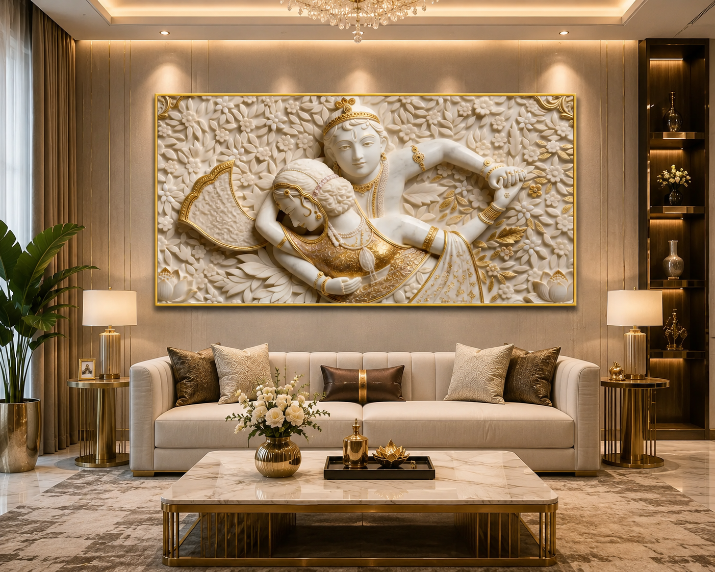 Auspicious 3D Romantic Radha Krishna Canvas Painting for Living Room Decor