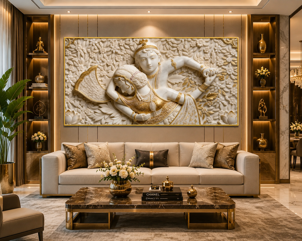Auspicious 3D Romantic Radha Krishna Canvas Painting for Living Room Decor