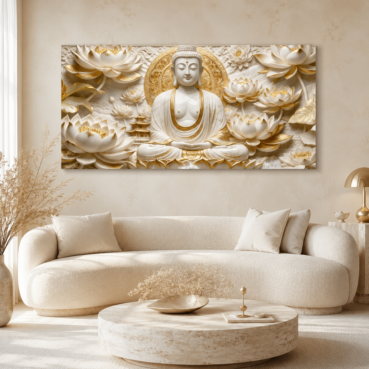 Elegant White Buddha Meditation 3D Effect Print Canvas Painting for Wall Decoration