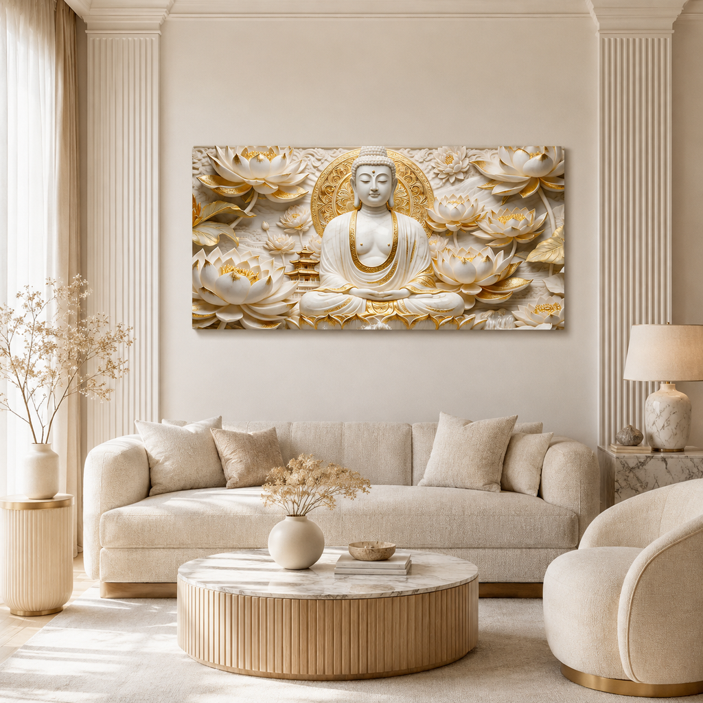 Elegant White Buddha Meditation 3D Effect Print Canvas Painting for Wall Decoration
