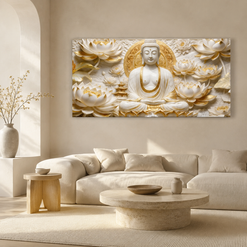 Elegant White Buddha Meditation 3D Effect Print Canvas Painting for Wall Decoration
