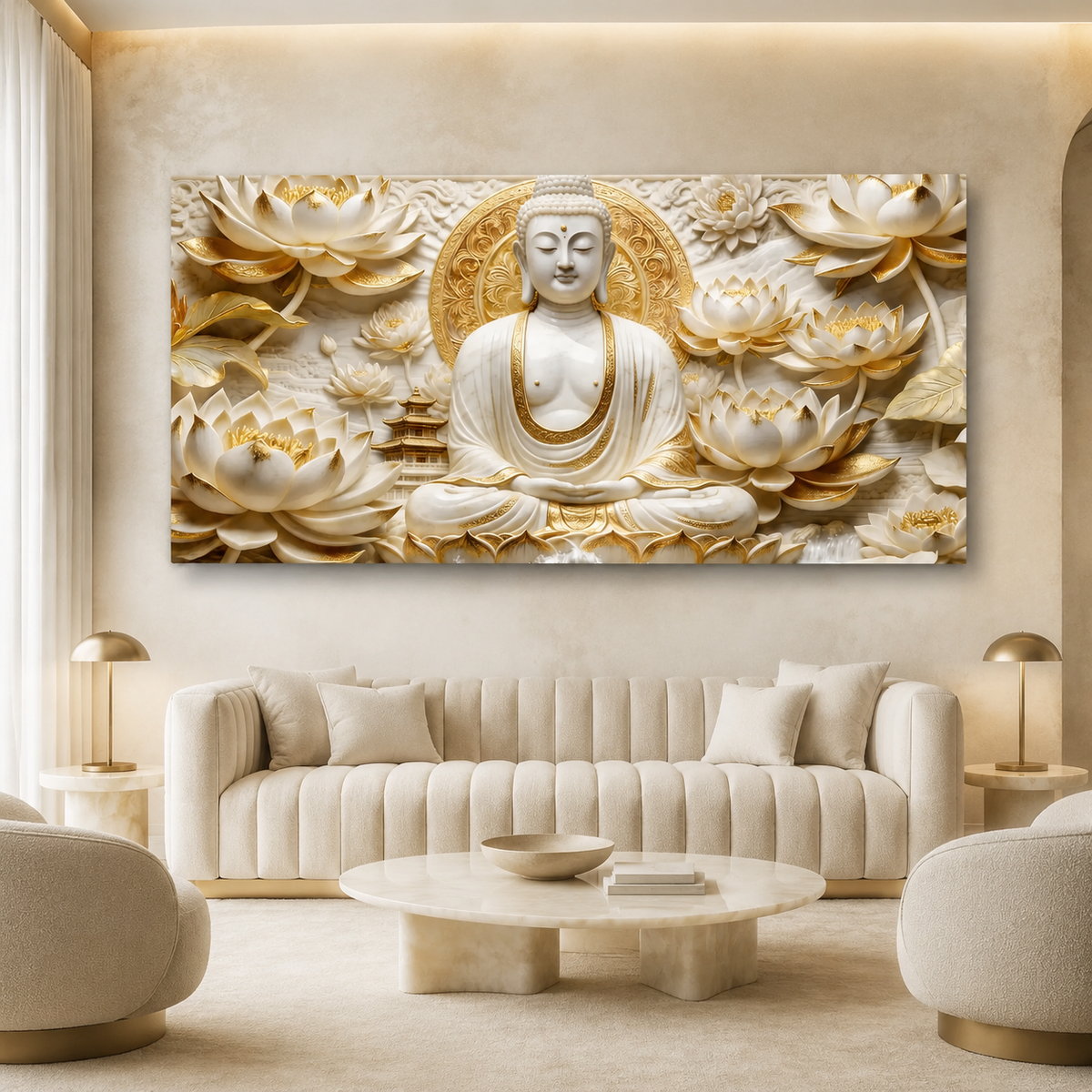 Elegant White Buddha Meditation 3D Effect Print Canvas Painting for Wall Decoration