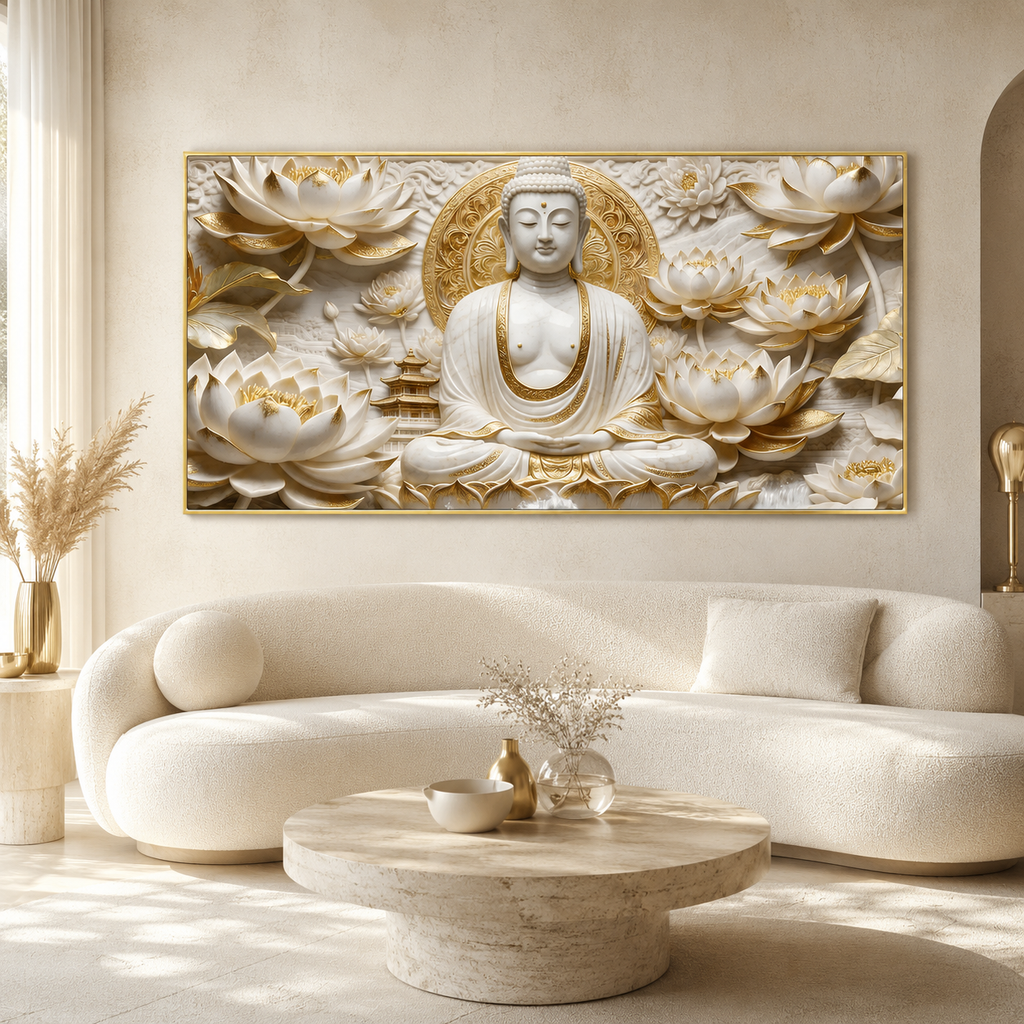Elegant White Buddha Meditation 3D Effect Print Canvas Painting for Wall Decoration