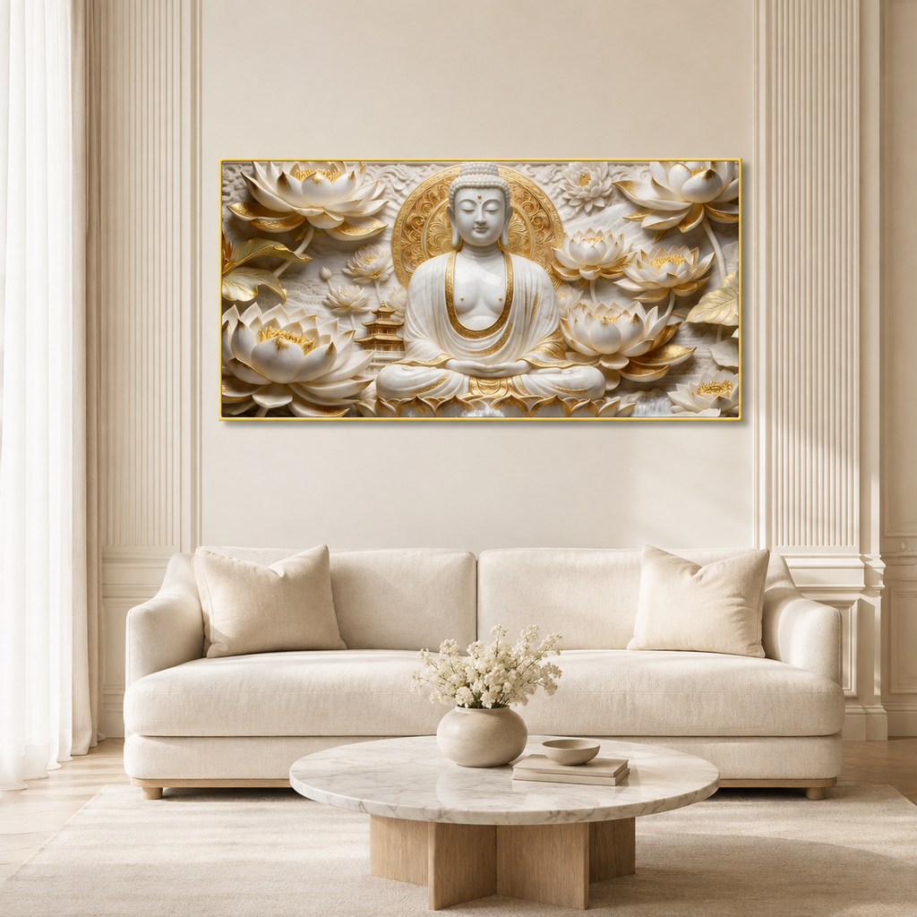 Elegant White Buddha Meditation 3D Effect Print Canvas Painting for Wall Decoration