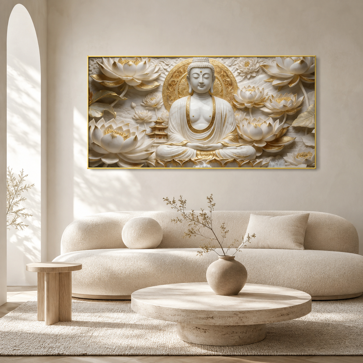 Elegant White Buddha Meditation 3D Effect Print Canvas Painting for Wall Decoration