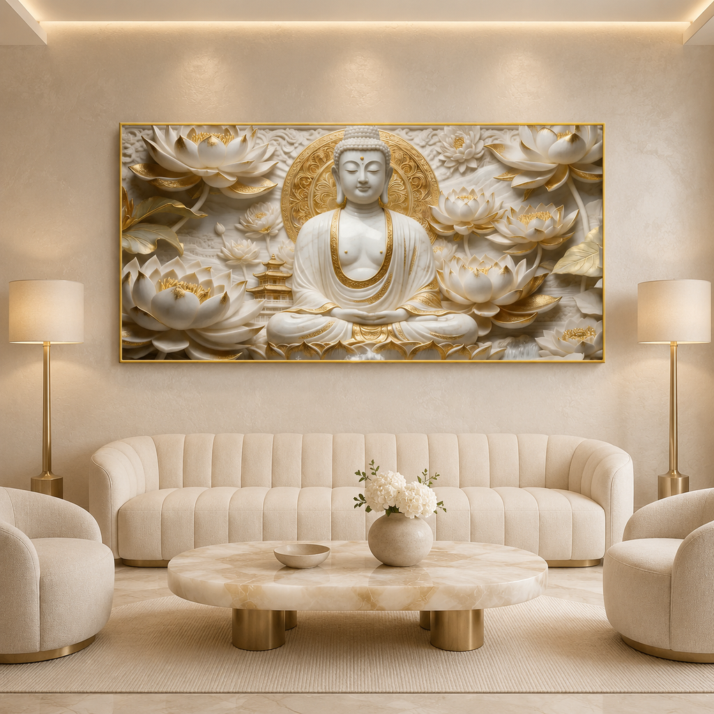 Elegant White Buddha Meditation 3D Effect Print Canvas Painting for Wall Decoration