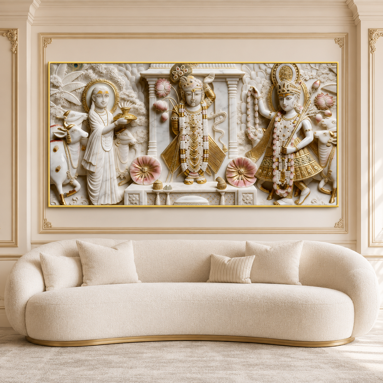 Divine Krishna with Cows and Lotus 3D Effect Canvas Painting for Wall Decoration