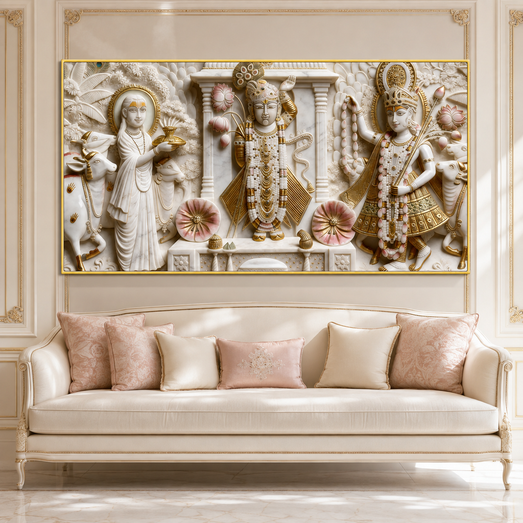 Divine Krishna with Cows and Lotus 3D Effect Canvas Painting for Wall Decoration