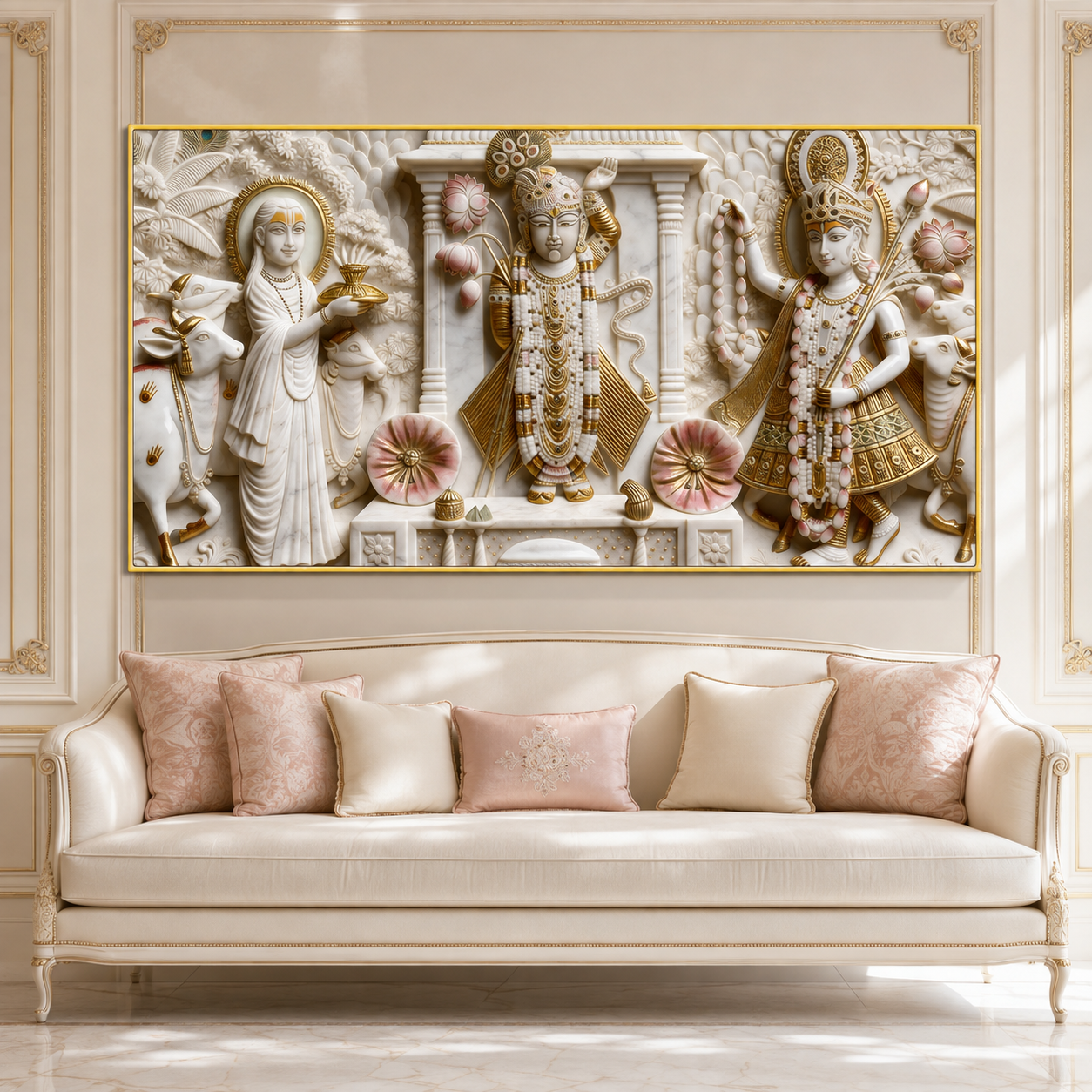 Divine Krishna with Cows and Lotus 3D Effect Canvas Painting for Wall Decoration