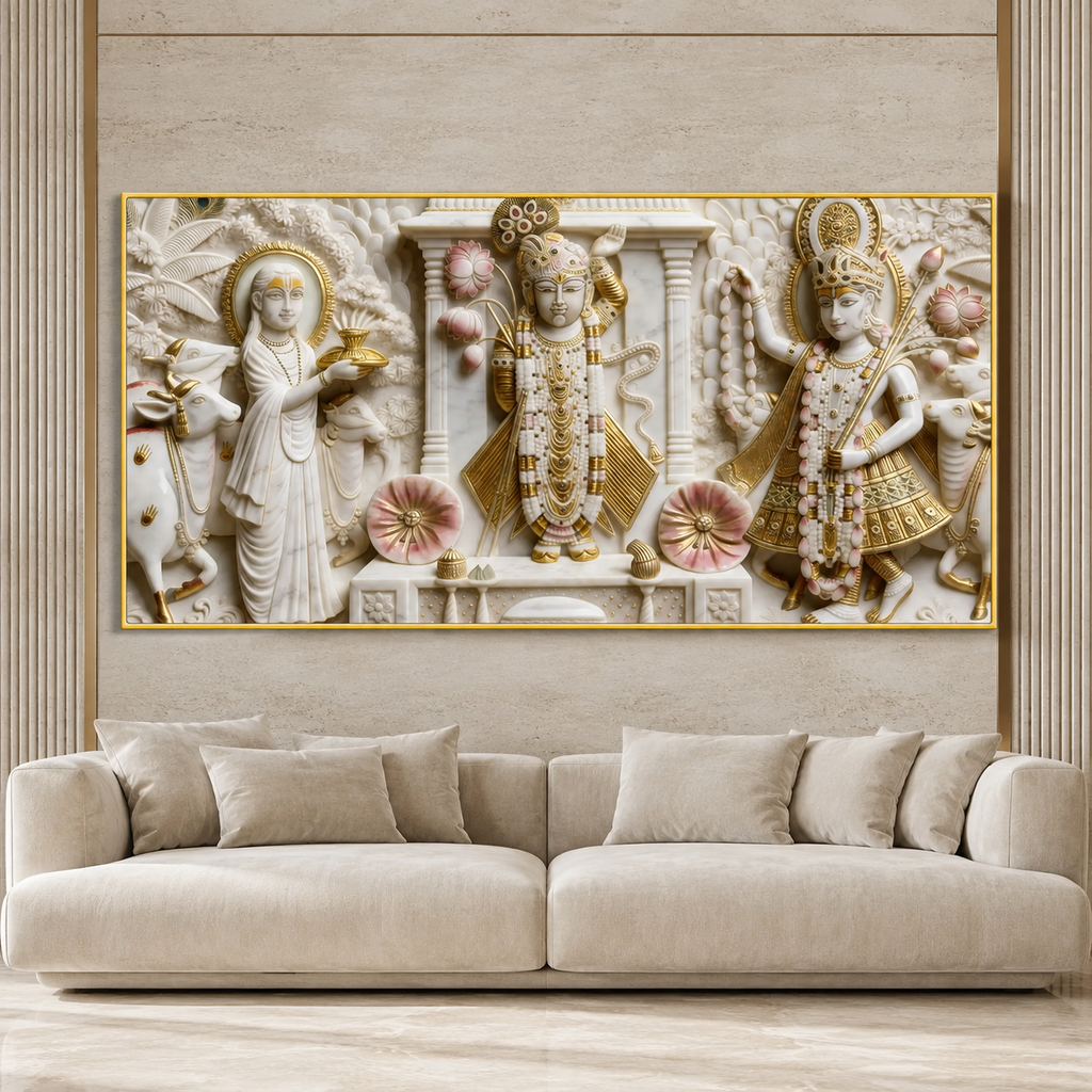 Divine Krishna with Cows and Lotus 3D Effect Canvas Painting for Wall Decoration