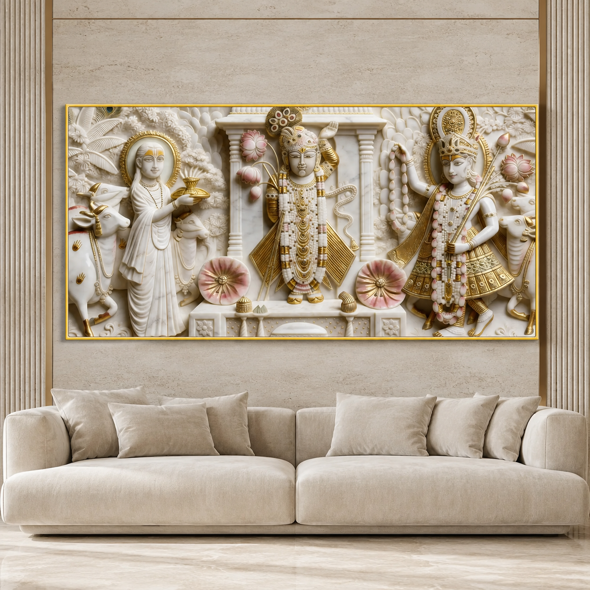 Divine Krishna with Cows and Lotus 3D Effect Canvas Painting for Wall Decoration