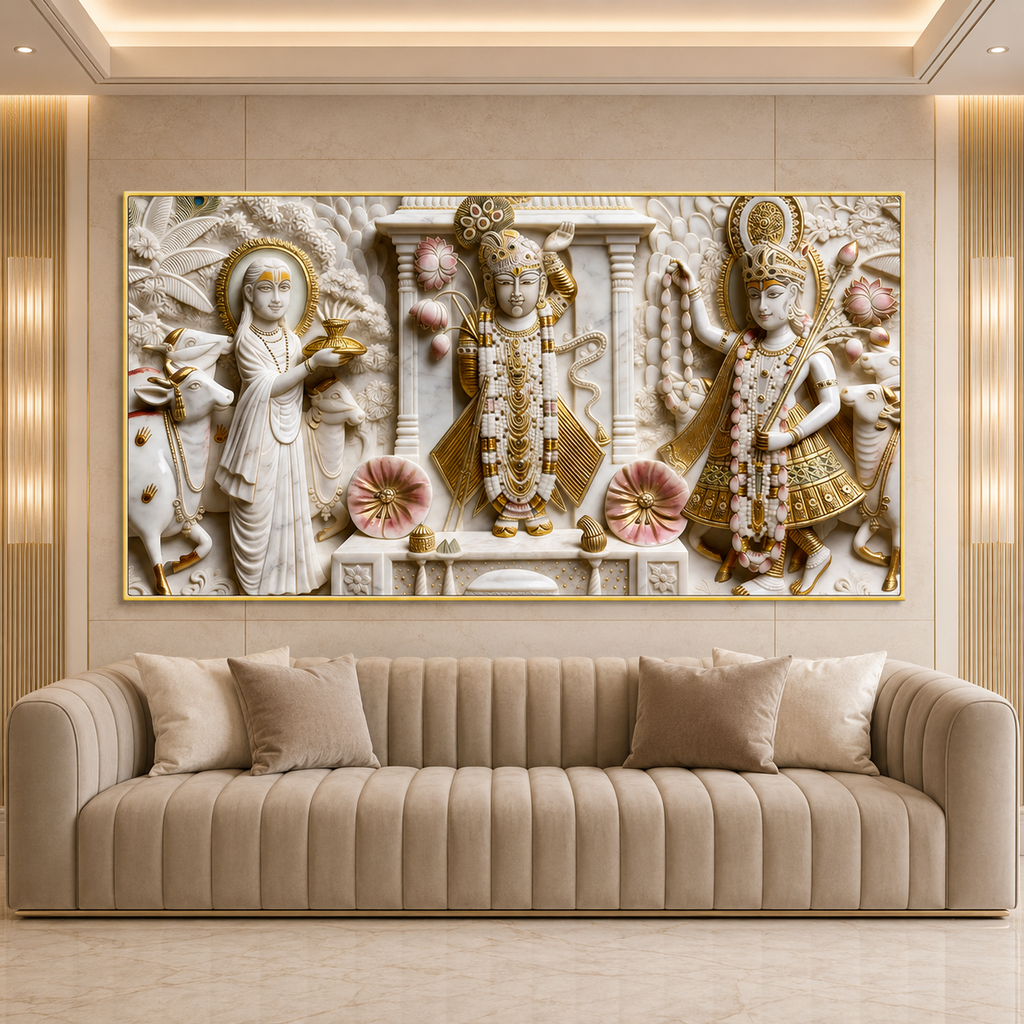 Divine Krishna with Cows and Lotus 3D Effect Canvas Painting for Wall Decoration
