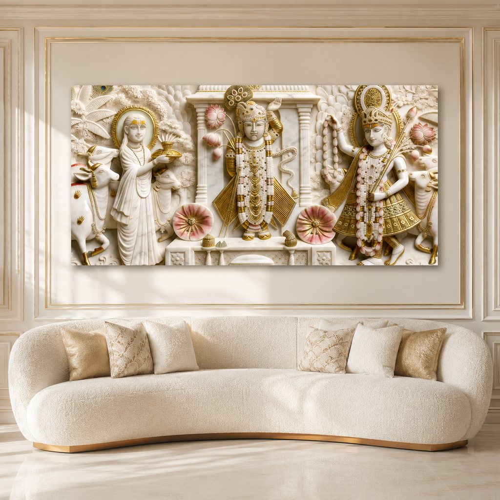 Divine Krishna with Cows and Lotus 3D Effect Canvas Painting for Wall Decoration