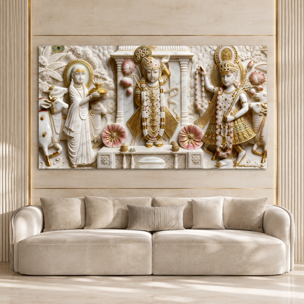 Divine Krishna with Cows and Lotus 3D Effect Canvas Painting for Wall Decoration
