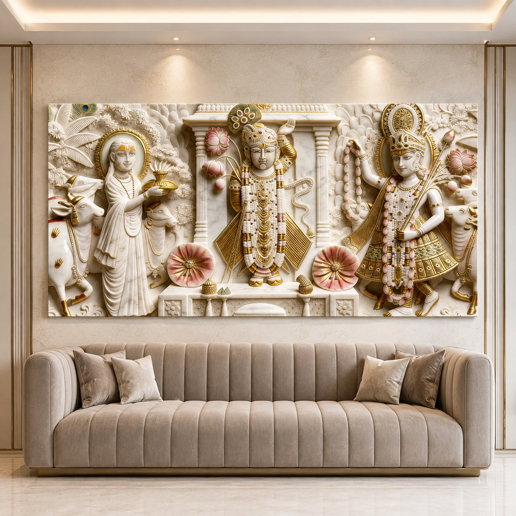 Divine Krishna with Cows and Lotus 3D Effect Canvas Painting for Wall Decoration