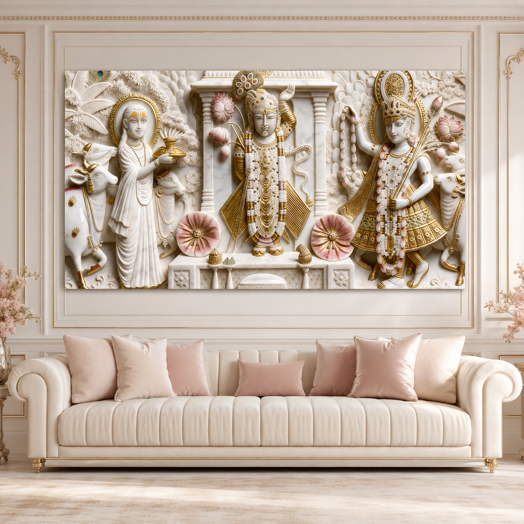 Divine Krishna with Cows and Lotus 3D Effect Canvas Painting for Wall Decoration