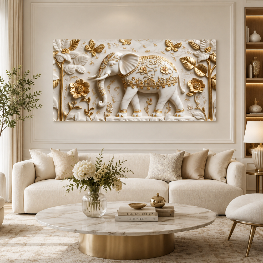 Contemporary 3D Sculpted White Elephant Feature Wall Art Modern Luxury Canvas Painting for Living Room