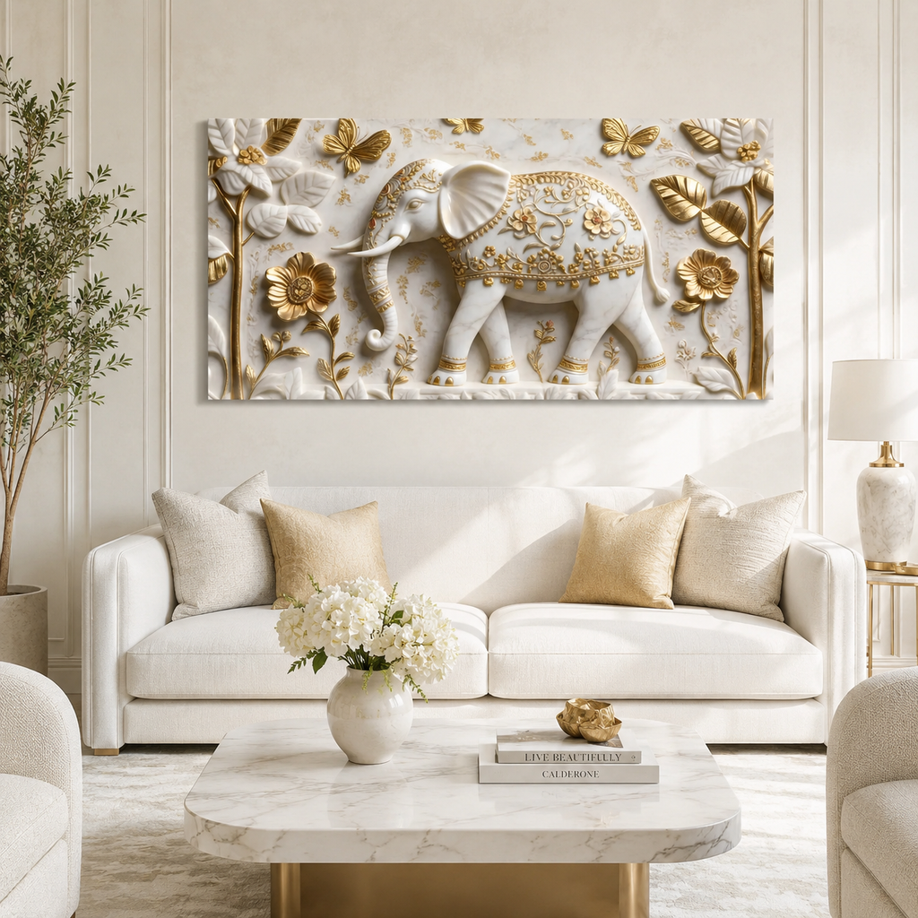 Contemporary 3D Sculpted White Elephant Feature Wall Art Modern Luxury Canvas Painting for Living Room