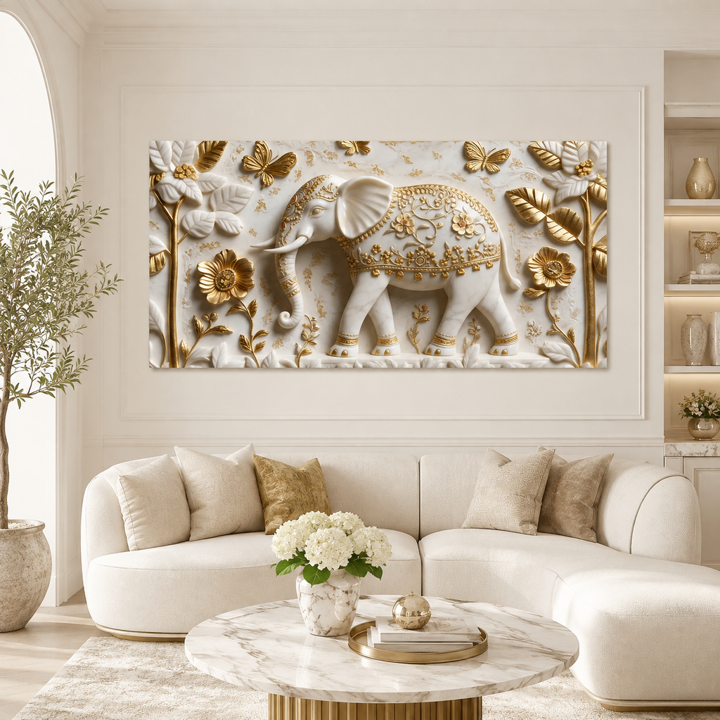 Contemporary 3D Sculpted White Elephant Feature Wall Art Modern Luxury Canvas Painting for Living Room
