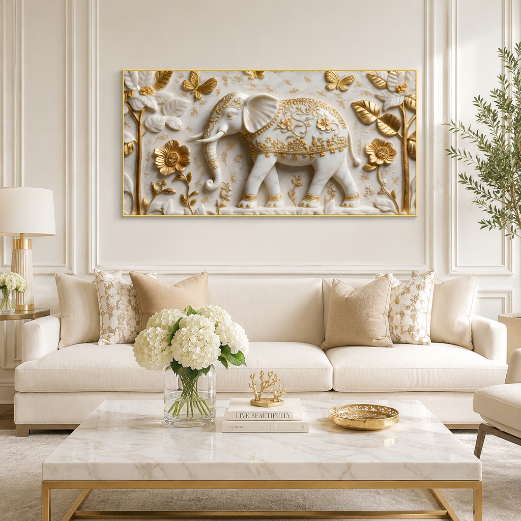 Contemporary 3D Sculpted White Elephant Feature Wall Art Modern Luxury Canvas Painting for Living Room