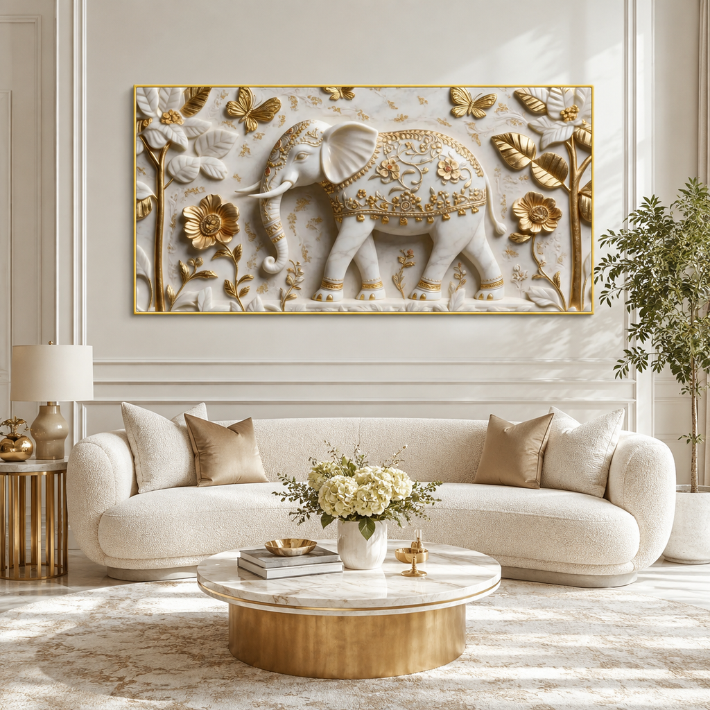 Contemporary 3D Sculpted White Elephant Feature Wall Art Modern Luxury Canvas Painting for Living Room
