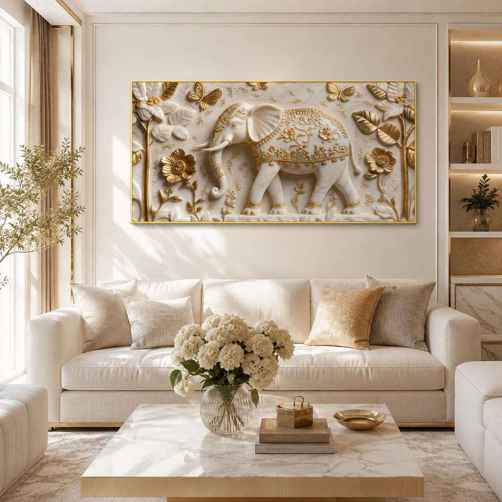 Contemporary 3D Sculpted White Elephant Feature Wall Art Modern Luxury Canvas Painting for Living Room