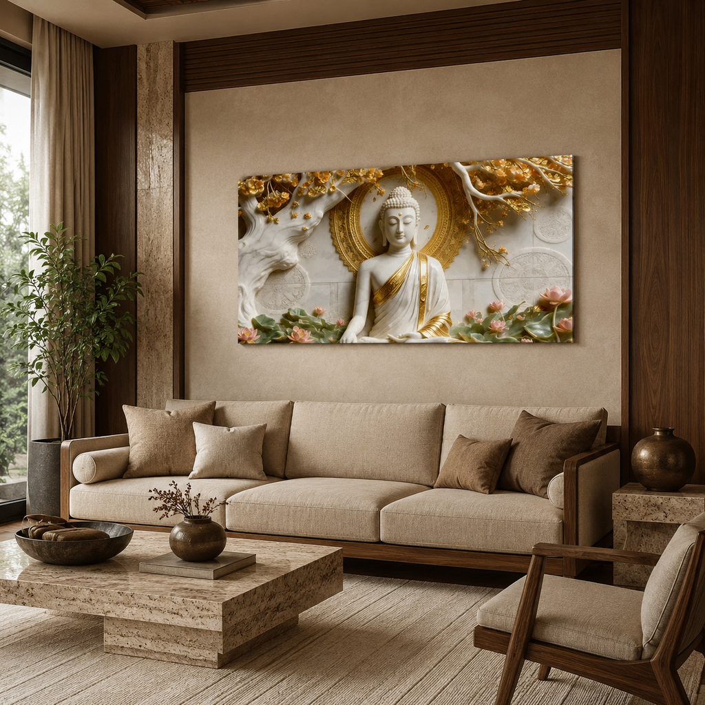 Premium Framed 3D Relief Wall Art White Marble Texture Golden Accent Buddha Artwork