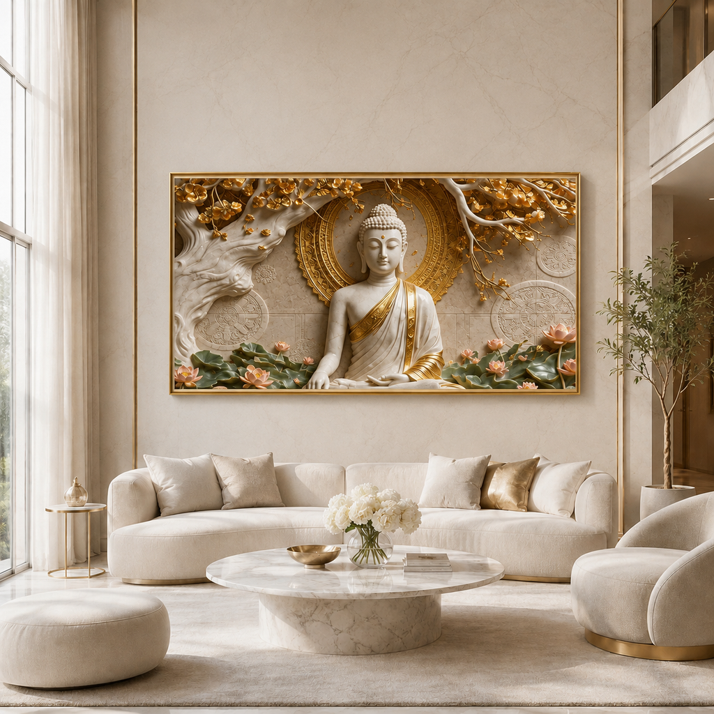 Premium Framed 3D Relief Wall Art White Marble Texture Golden Accent Buddha Artwork