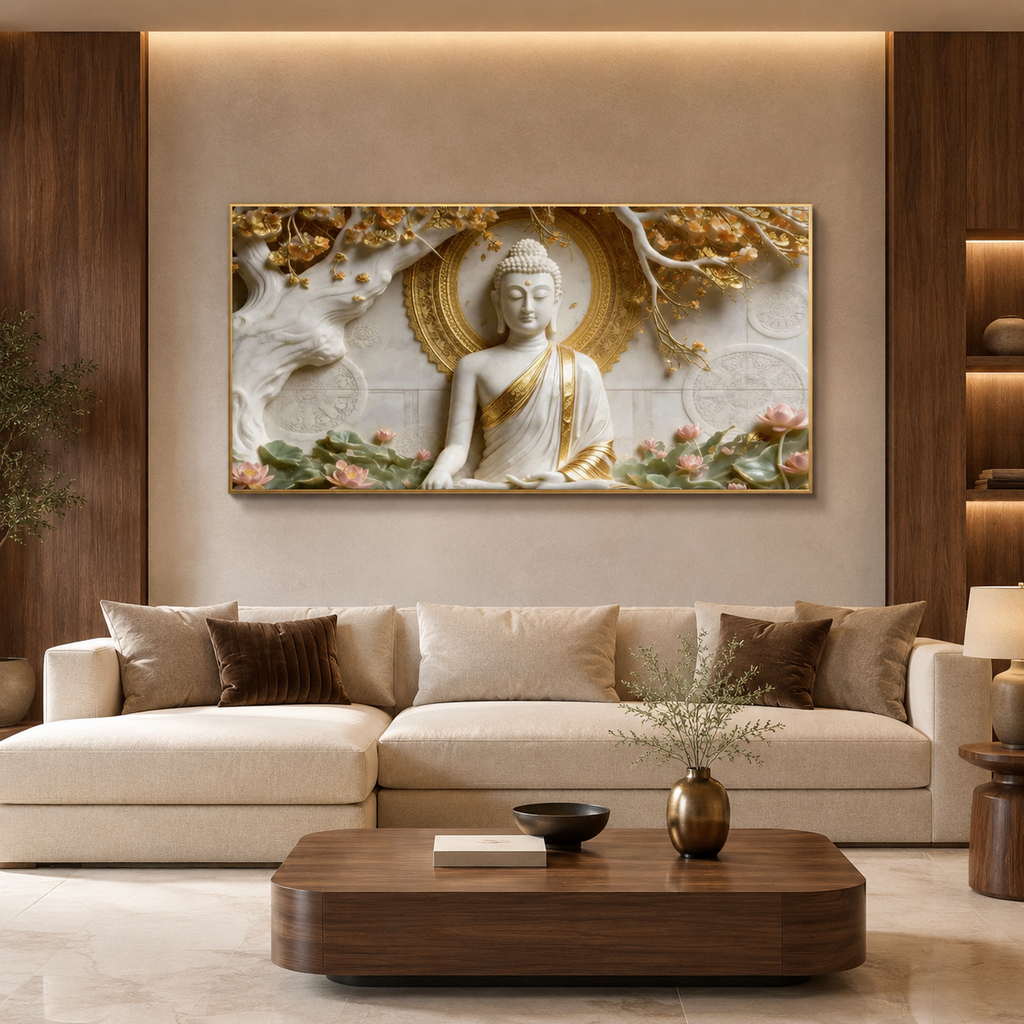 Premium Framed 3D Relief Wall Art White Marble Texture Golden Accent Buddha Artwork