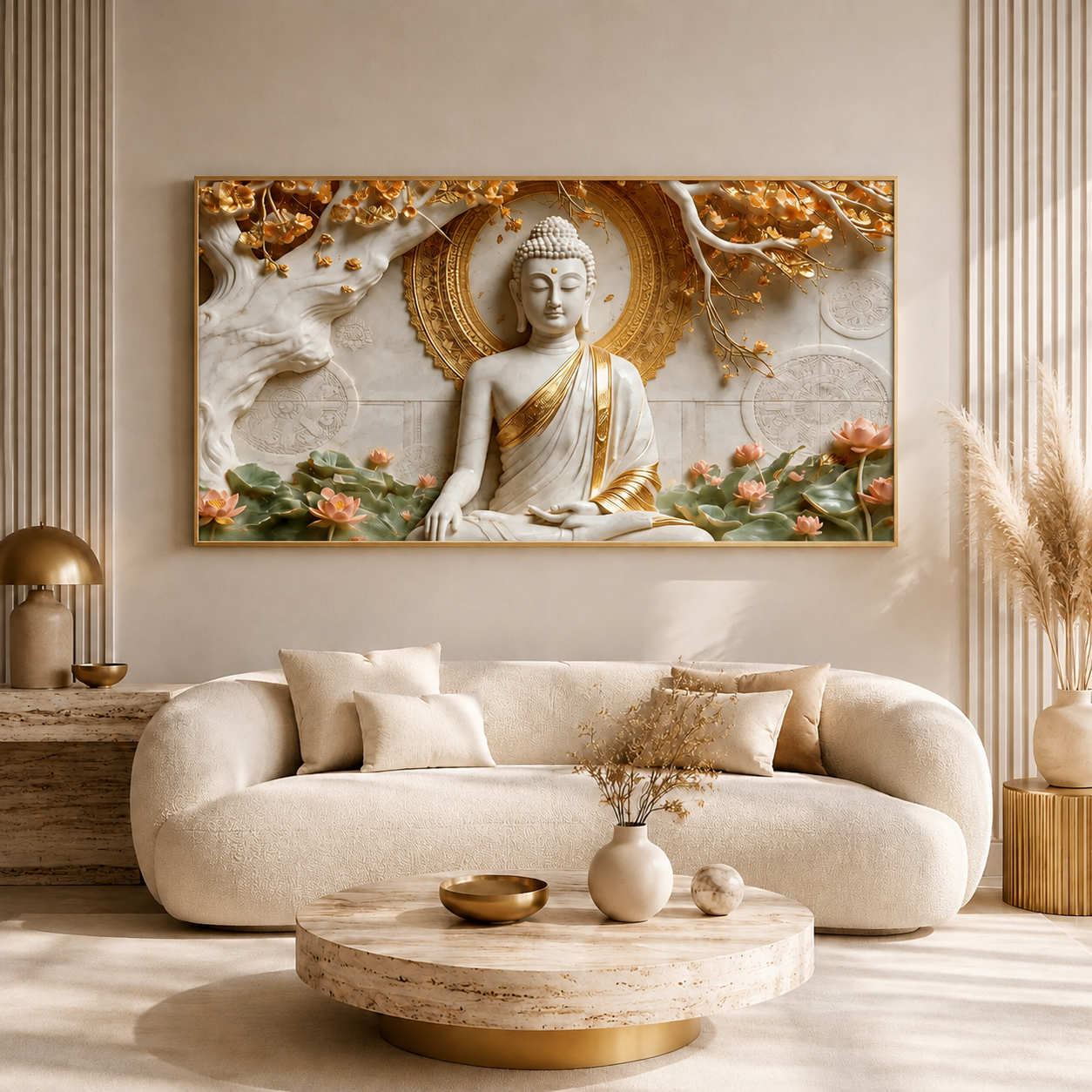 Premium Framed 3D Relief Wall Art White Marble Texture Golden Accent Buddha Artwork