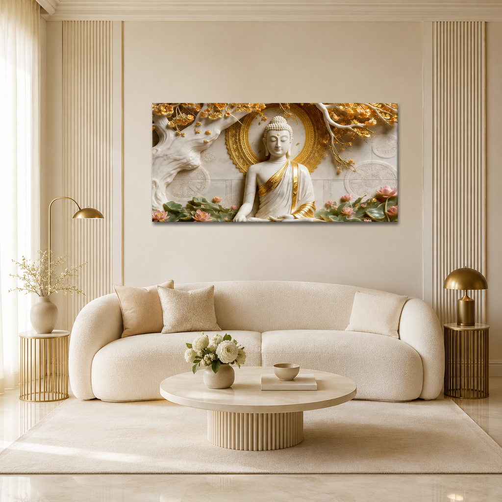 Premium Framed 3D Relief Wall Art White Marble Texture Golden Accent Buddha Artwork