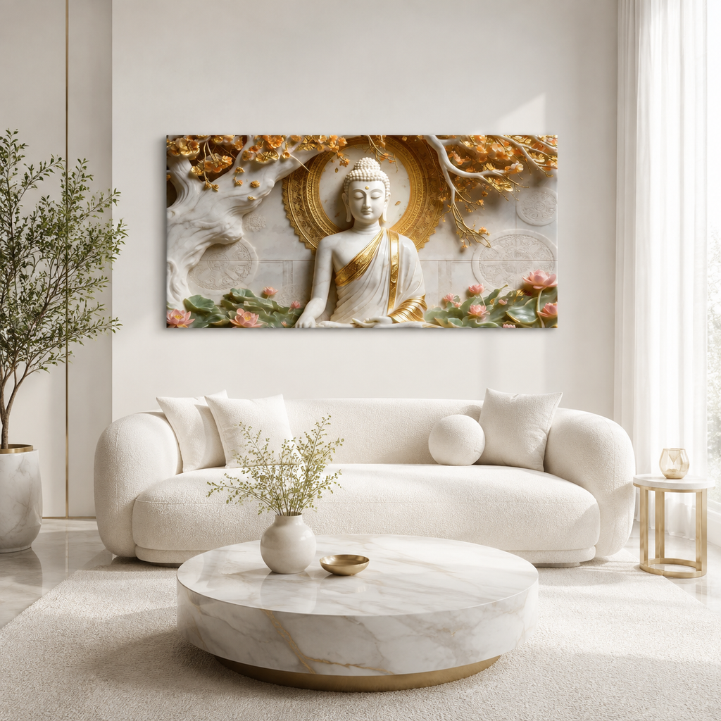 Premium Framed 3D Relief Wall Art White Marble Texture Golden Accent Buddha Artwork