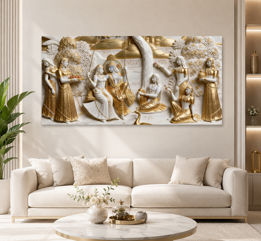 Divine Lord Krishna and Radha Jhula Leela 3D Wall Decor Premium Canvas Painting for Modern Home